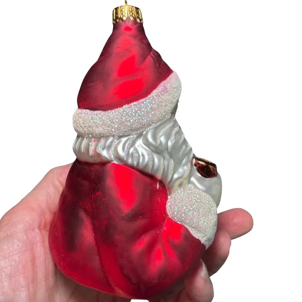 VTG Santa‎ Claus Blown Glass Ornament Red Silver Pipe Gift Glitter 6 Inch
